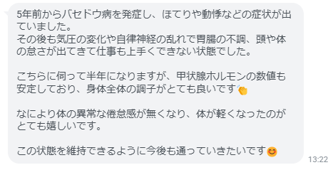 こちらに伺って半年になりますが、甲状腺ホルモンの数値も安定しており、身体全体の調子がとても良いです。