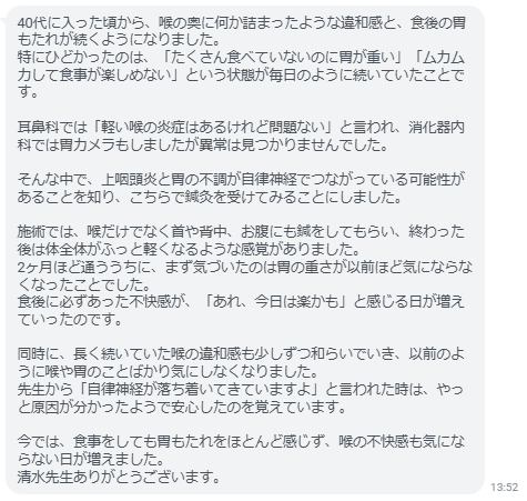 今では、食事をしても胃もたれをほとんど感じず、喉の不快感も気にならない日が増えました。